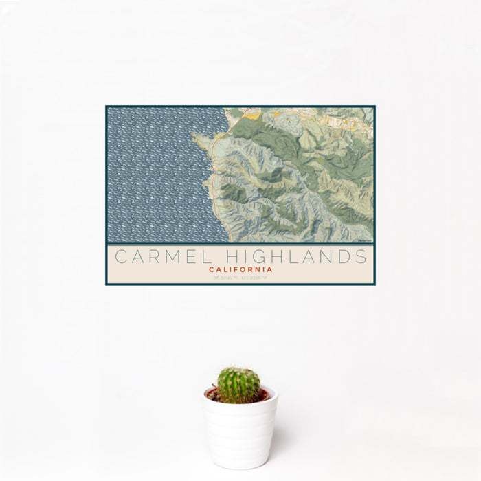 12x18 Carmel Highlands California Map Print Landscape Orientation in Woodblock Style With Small Cactus Plant in White Planter