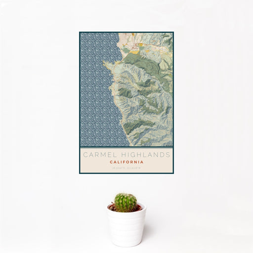 12x18 Carmel Highlands California Map Print Portrait Orientation in Woodblock Style With Small Cactus Plant in White Planter