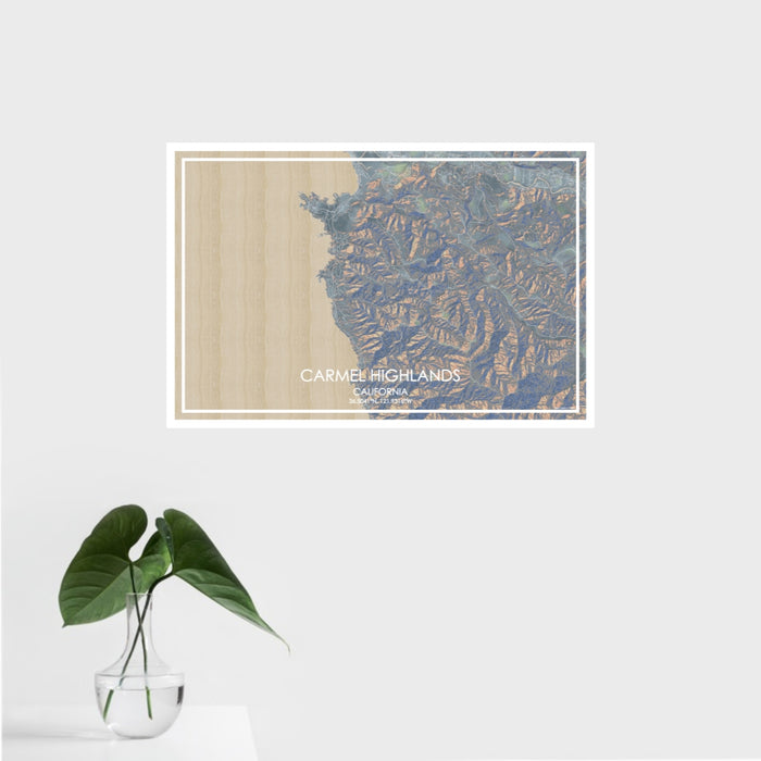 16x24 Carmel Highlands California Map Print Landscape Orientation in Afternoon Style With Tropical Plant Leaves in Water