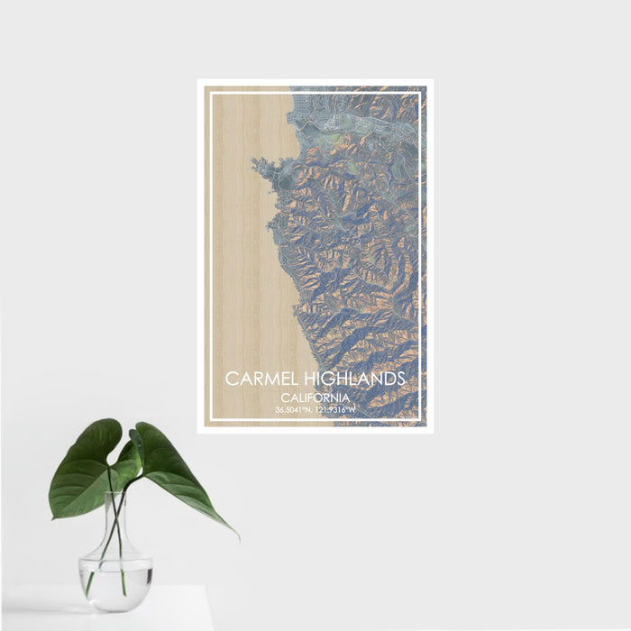 16x24 Carmel Highlands California Map Print Portrait Orientation in Afternoon Style With Tropical Plant Leaves in Water