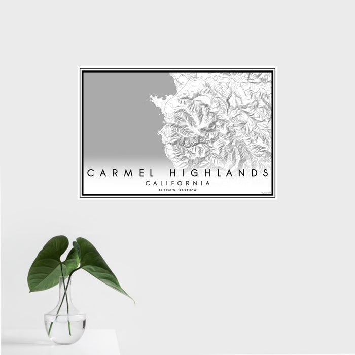 16x24 Carmel Highlands California Map Print Landscape Orientation in Classic Style With Tropical Plant Leaves in Water