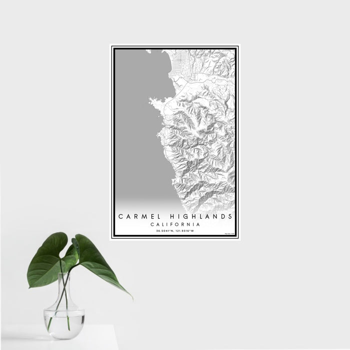 16x24 Carmel Highlands California Map Print Portrait Orientation in Classic Style With Tropical Plant Leaves in Water