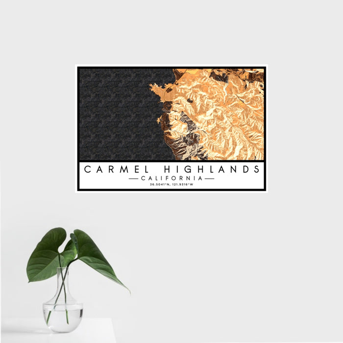 16x24 Carmel Highlands California Map Print Landscape Orientation in Ember Style With Tropical Plant Leaves in Water