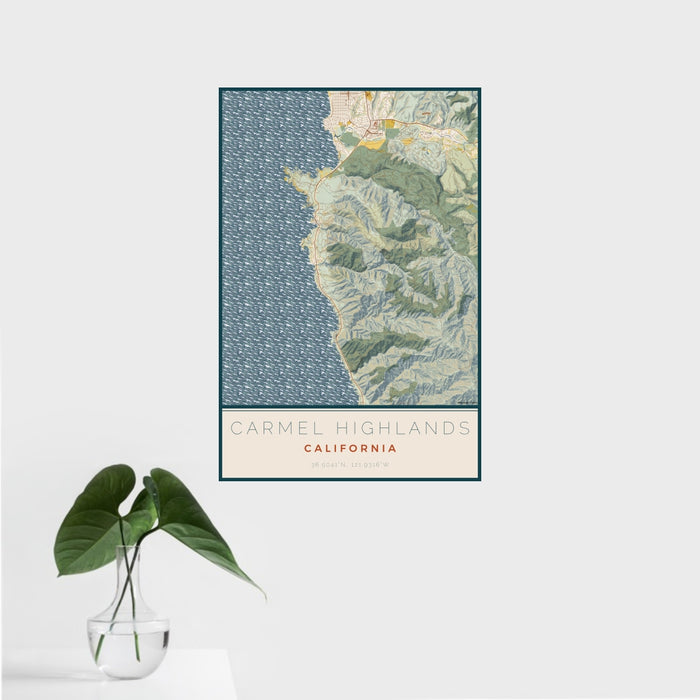 16x24 Carmel Highlands California Map Print Portrait Orientation in Woodblock Style With Tropical Plant Leaves in Water