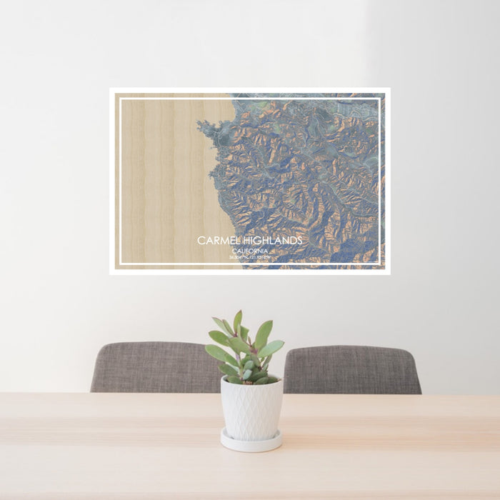 24x36 Carmel Highlands California Map Print Lanscape Orientation in Afternoon Style Behind 2 Chairs Table and Potted Plant