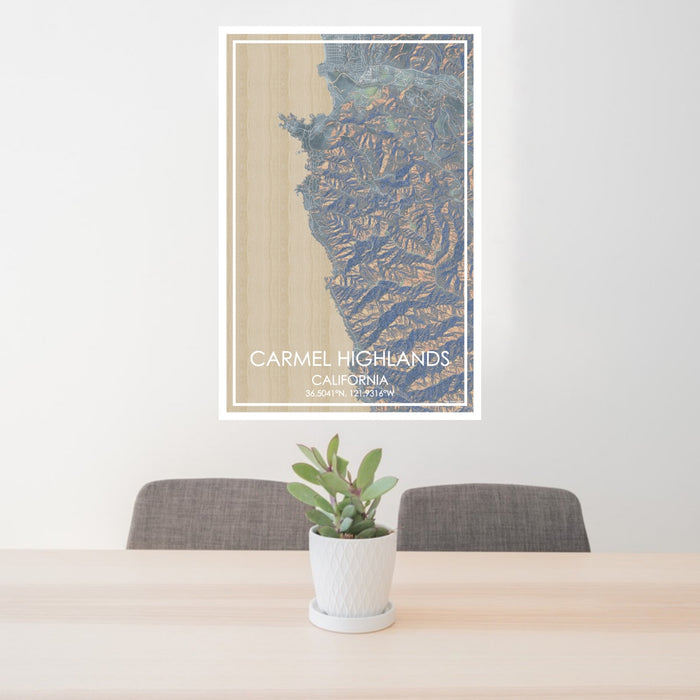 24x36 Carmel Highlands California Map Print Portrait Orientation in Afternoon Style Behind 2 Chairs Table and Potted Plant