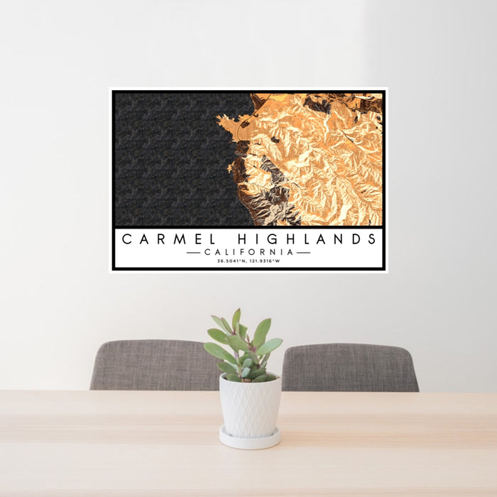 24x36 Carmel Highlands California Map Print Lanscape Orientation in Ember Style Behind 2 Chairs Table and Potted Plant