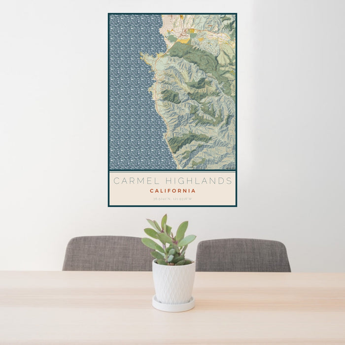 24x36 Carmel Highlands California Map Print Portrait Orientation in Woodblock Style Behind 2 Chairs Table and Potted Plant