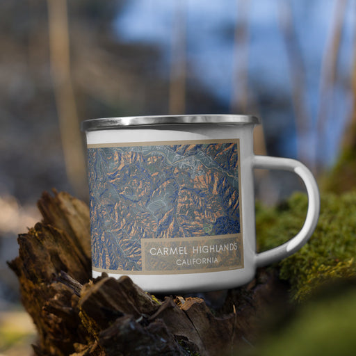 Right View Custom Carmel Highlands California Map Enamel Mug in Afternoon on Grass With Trees in Background