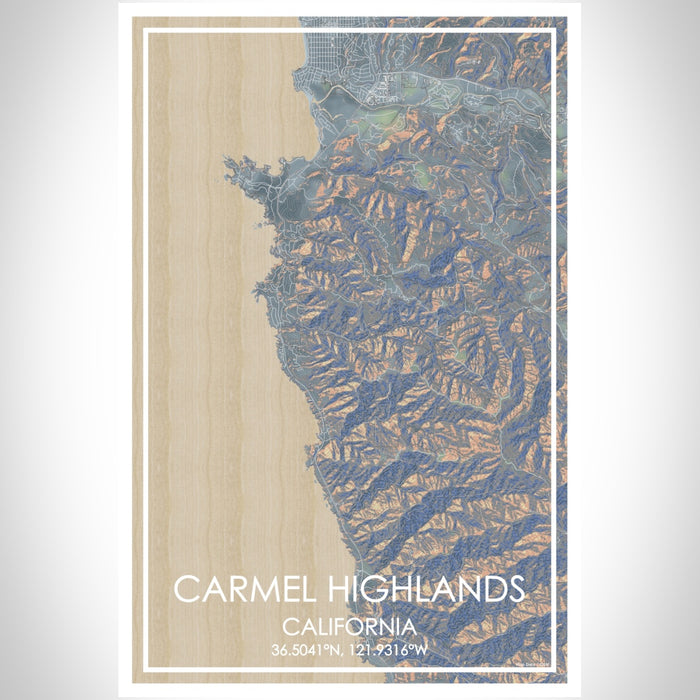 Carmel Highlands California Map Print Portrait Orientation in Afternoon Style With Shaded Background