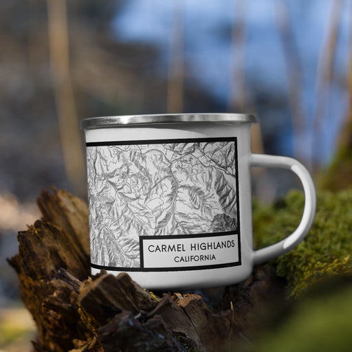 Right View Custom Carmel Highlands California Map Enamel Mug in Classic on Grass With Trees in Background