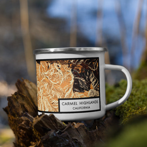 Right View Custom Carmel Highlands California Map Enamel Mug in Ember on Grass With Trees in Background
