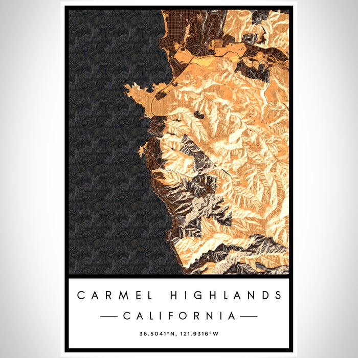 Carmel Highlands California Map Print Portrait Orientation in Ember Style With Shaded Background