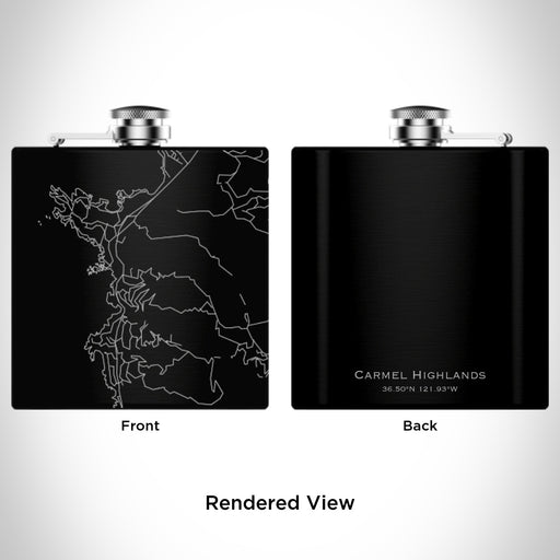 Rendered View of Carmel Highlands California Map Engraving on 6oz Stainless Steel Flask in Black