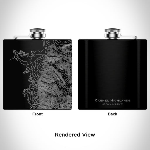 Rendered View of Carmel Highlands California Map Engraving on 6oz Stainless Steel Flask in Black