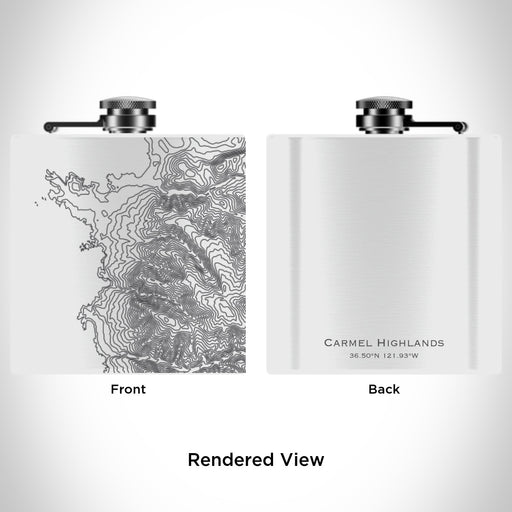 Rendered View of Carmel Highlands California Map Engraving on 6oz Stainless Steel Flask in White