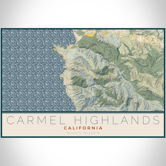 Carmel Highlands California Map Print Landscape Orientation in Woodblock Style With Shaded Background