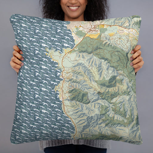 Person holding 22x22 Custom Carmel Highlands California Map Throw Pillow in Woodblock