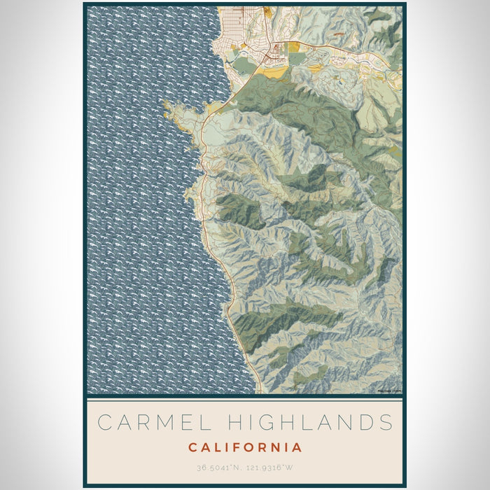 Carmel Highlands California Map Print Portrait Orientation in Woodblock Style With Shaded Background