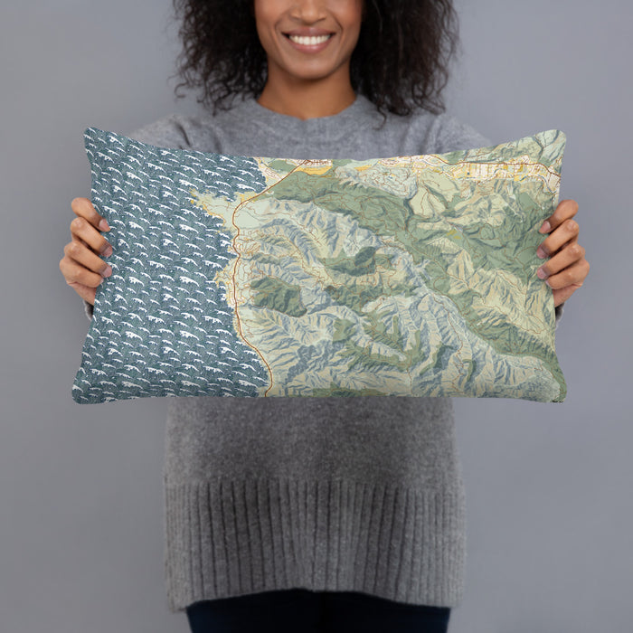 Person holding 20x12 Custom Carmel Highlands California Map Throw Pillow in Woodblock