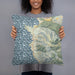 Person holding 18x18 Custom Carmel Highlands California Map Throw Pillow in Woodblock