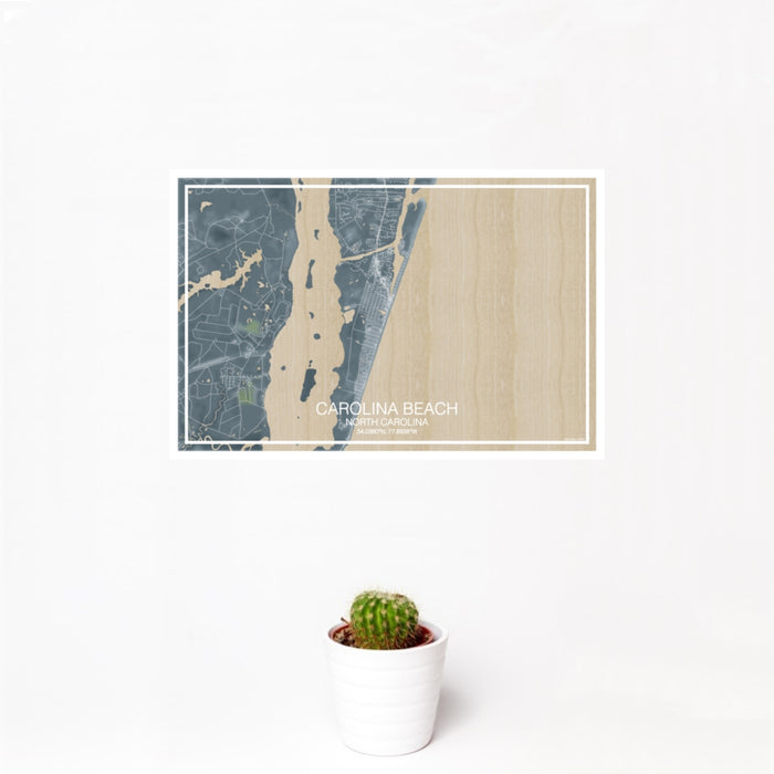 12x18 Carolina Beach North Carolina Map Print Landscape Orientation in Afternoon Style With Small Cactus Plant in White Planter