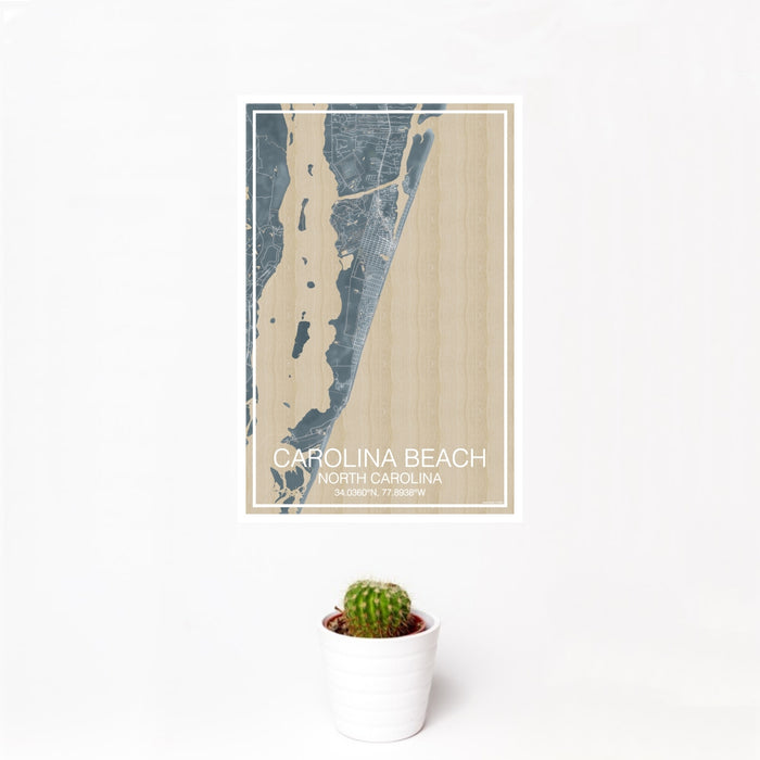 12x18 Carolina Beach North Carolina Map Print Portrait Orientation in Afternoon Style With Small Cactus Plant in White Planter