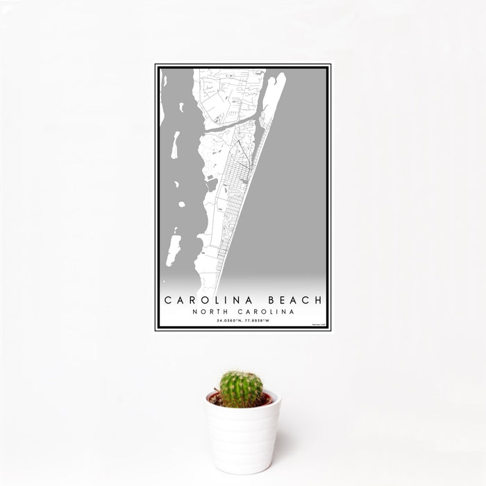12x18 Carolina Beach North Carolina Map Print Portrait Orientation in Classic Style With Small Cactus Plant in White Planter