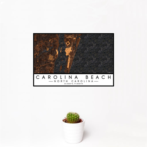 12x18 Carolina Beach North Carolina Map Print Landscape Orientation in Ember Style With Small Cactus Plant in White Planter