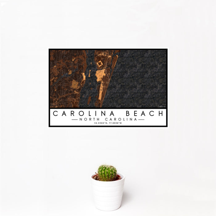 12x18 Carolina Beach North Carolina Map Print Landscape Orientation in Ember Style With Small Cactus Plant in White Planter