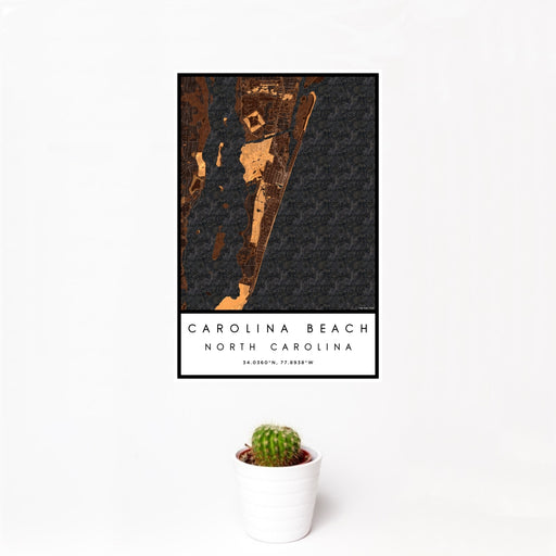 12x18 Carolina Beach North Carolina Map Print Portrait Orientation in Ember Style With Small Cactus Plant in White Planter