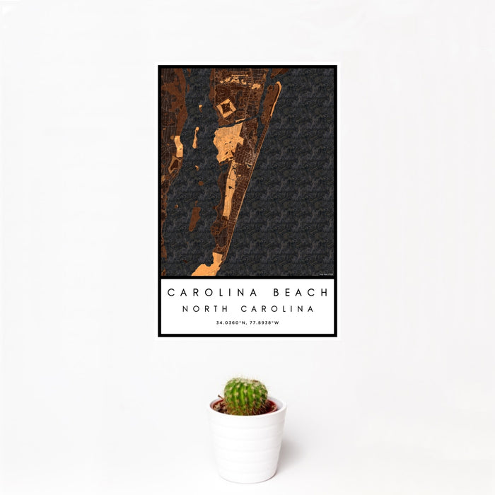 12x18 Carolina Beach North Carolina Map Print Portrait Orientation in Ember Style With Small Cactus Plant in White Planter