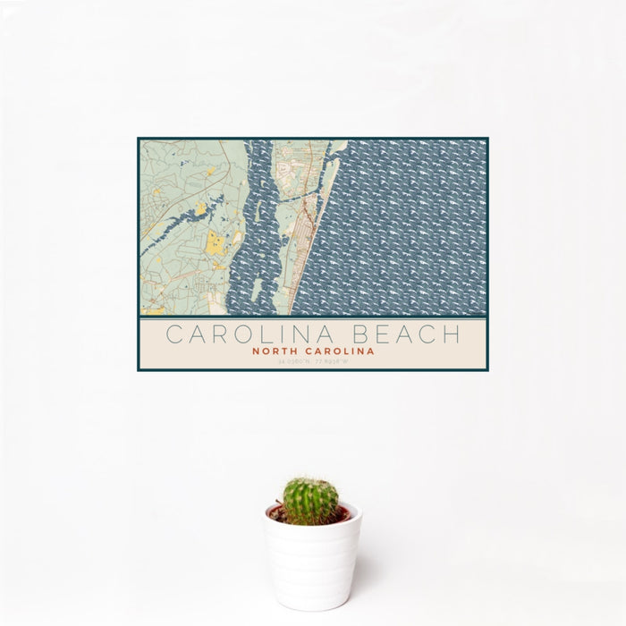 12x18 Carolina Beach North Carolina Map Print Landscape Orientation in Woodblock Style With Small Cactus Plant in White Planter