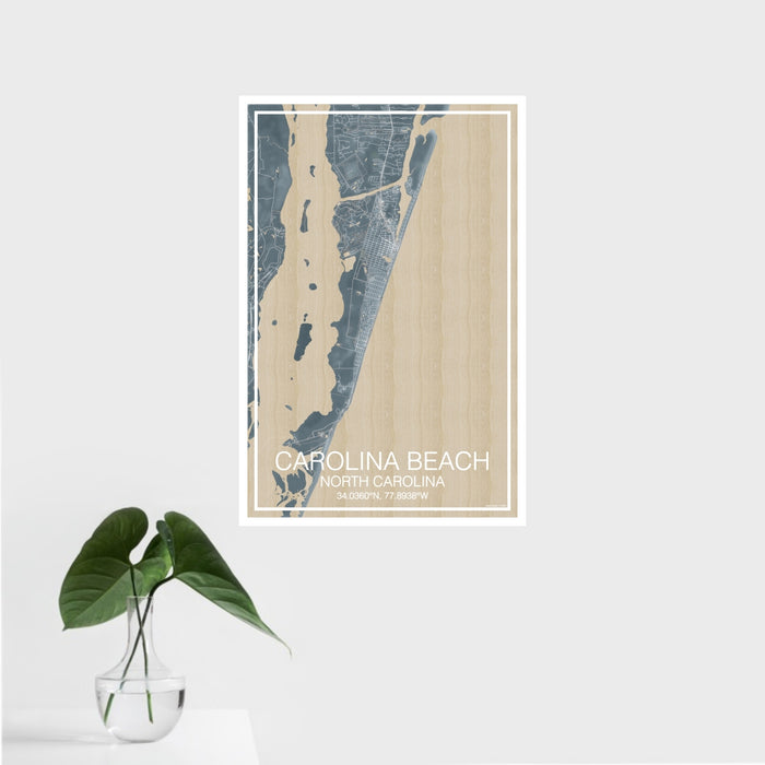 16x24 Carolina Beach North Carolina Map Print Portrait Orientation in Afternoon Style With Tropical Plant Leaves in Water