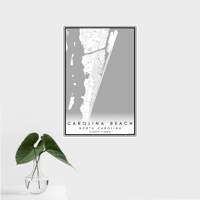 16x24 Carolina Beach North Carolina Map Print Portrait Orientation in Classic Style With Tropical Plant Leaves in Water