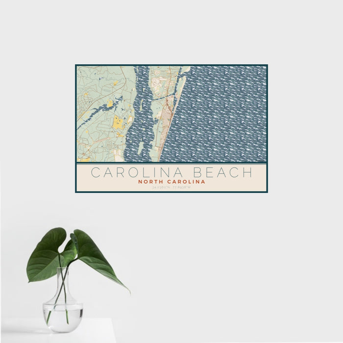 16x24 Carolina Beach North Carolina Map Print Landscape Orientation in Woodblock Style With Tropical Plant Leaves in Water