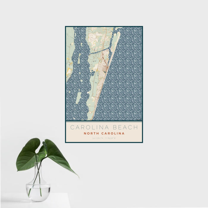 16x24 Carolina Beach North Carolina Map Print Portrait Orientation in Woodblock Style With Tropical Plant Leaves in Water