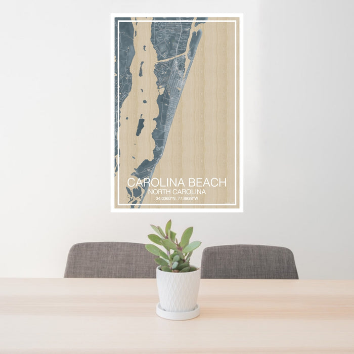 24x36 Carolina Beach North Carolina Map Print Portrait Orientation in Afternoon Style Behind 2 Chairs Table and Potted Plant