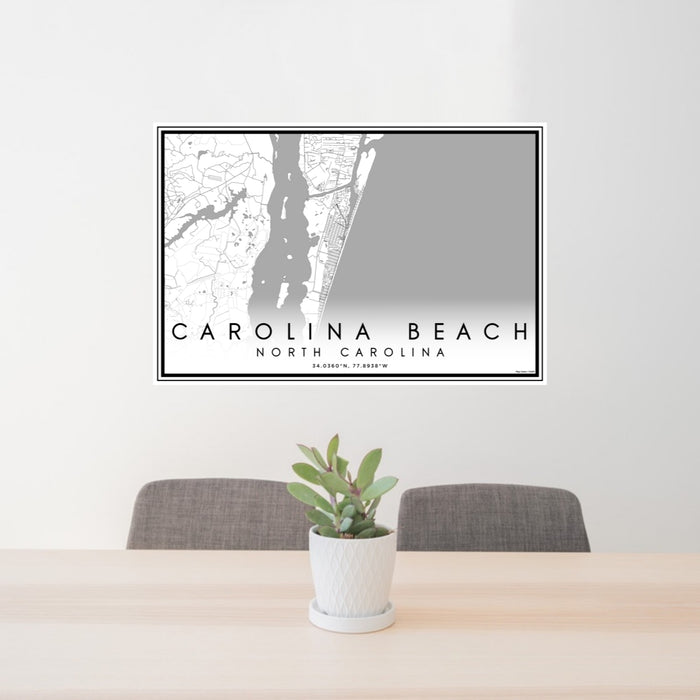 24x36 Carolina Beach North Carolina Map Print Landscape Orientation in Classic Style Behind 2 Chairs Table and Potted Plant