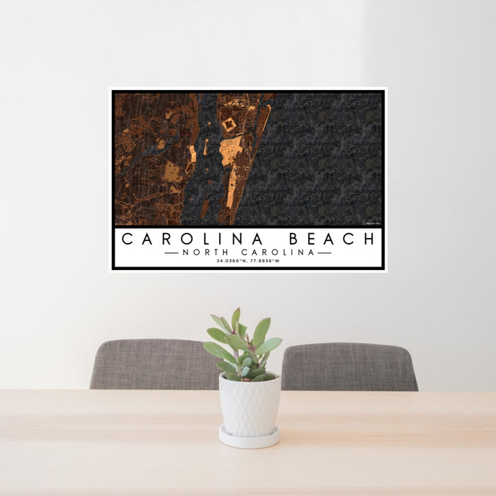 24x36 Carolina Beach North Carolina Map Print Landscape Orientation in Ember Style Behind 2 Chairs Table and Potted Plant