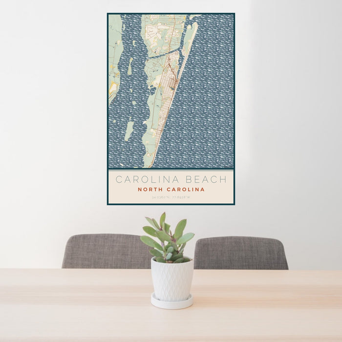 24x36 Carolina Beach North Carolina Map Print Portrait Orientation in Woodblock Style Behind 2 Chairs Table and Potted Plant