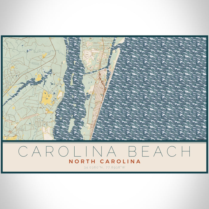 Carolina Beach North Carolina Map Print Landscape Orientation in Woodblock Style With Shaded Background