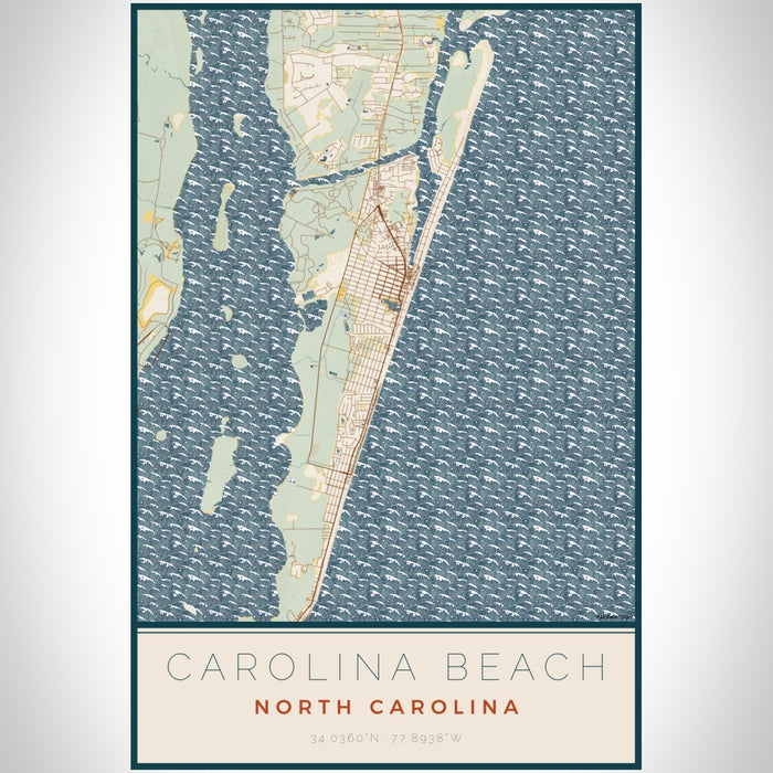 Carolina Beach North Carolina Map Print Portrait Orientation in Woodblock Style With Shaded Background