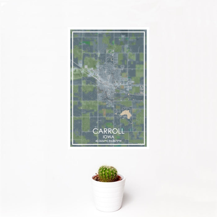 12x18 Carroll Iowa Map Print Portrait Orientation in Afternoon Style With Small Cactus Plant in White Planter