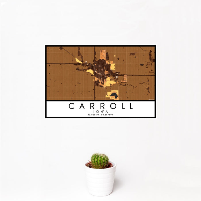 12x18 Carroll Iowa Map Print Landscape Orientation in Ember Style With Small Cactus Plant in White Planter
