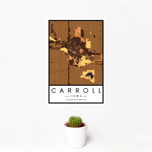 12x18 Carroll Iowa Map Print Portrait Orientation in Ember Style With Small Cactus Plant in White Planter