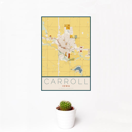 12x18 Carroll Iowa Map Print Portrait Orientation in Woodblock Style With Small Cactus Plant in White Planter