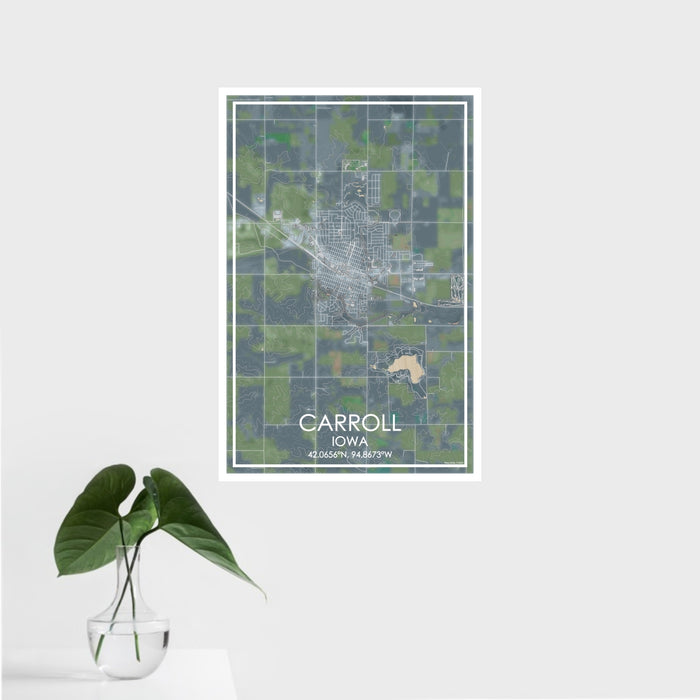 16x24 Carroll Iowa Map Print Portrait Orientation in Afternoon Style With Tropical Plant Leaves in Water