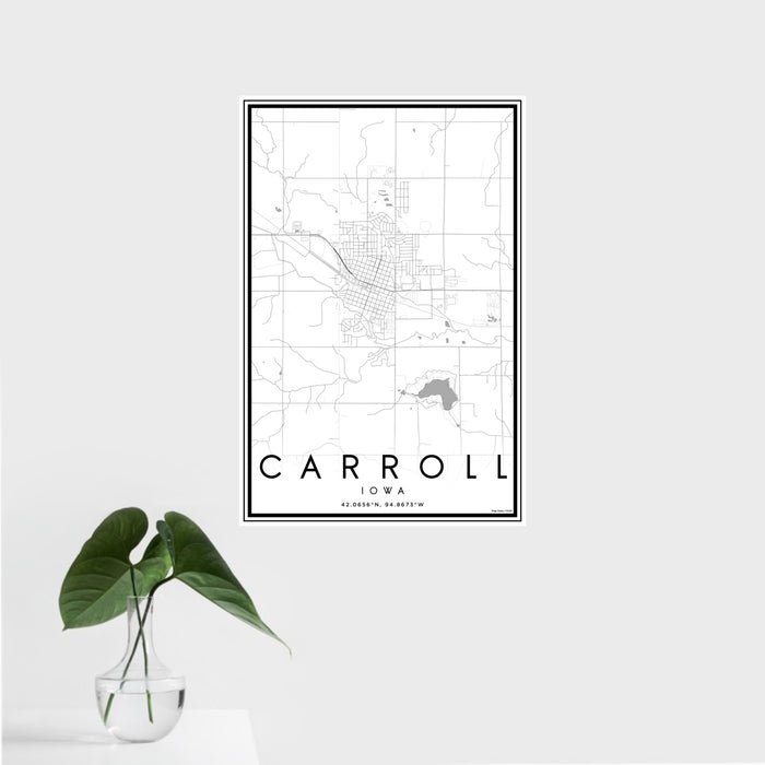 16x24 Carroll Iowa Map Print Portrait Orientation in Classic Style With Tropical Plant Leaves in Water
