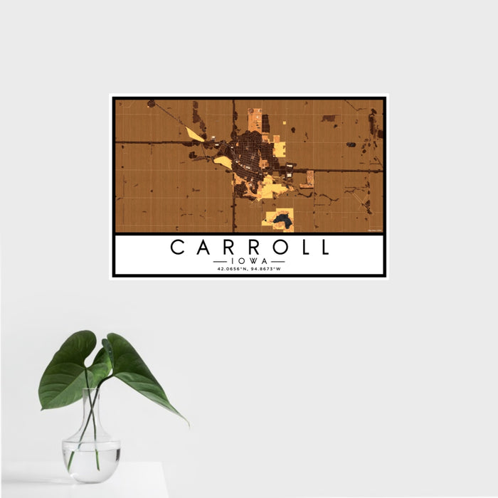16x24 Carroll Iowa Map Print Landscape Orientation in Ember Style With Tropical Plant Leaves in Water